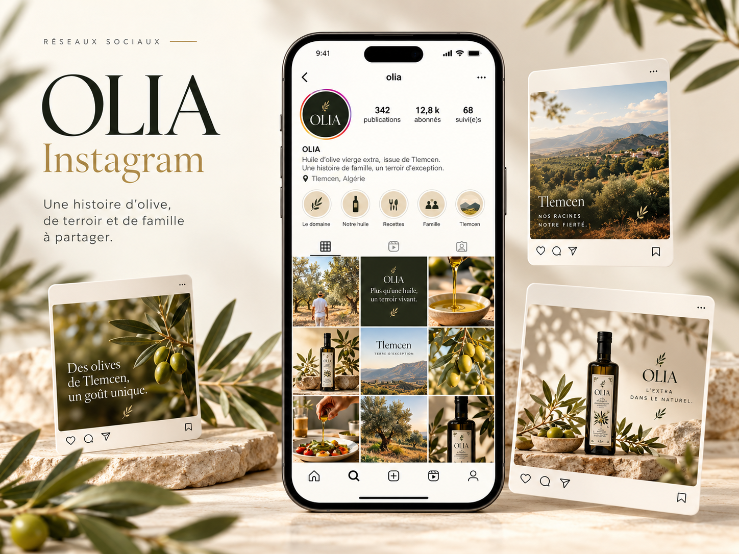 Aperçu de la direction visuelle Instagram d’OLIA : profil, feed et publications de la marque
