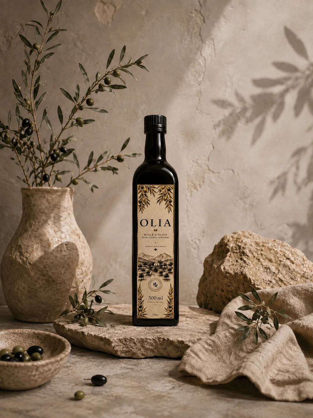 Bouteille d’huile d’olive OLIA dans un décor méditerranéen